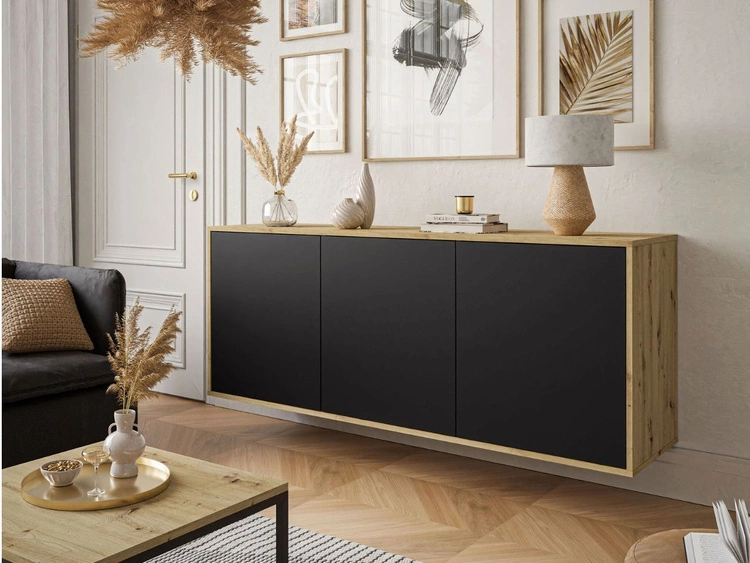 Trzydrzwiowa komoda 154 cm w stylu loft wisząca Vivance czarny mat i dąb artisan