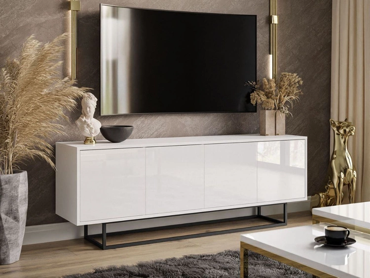 Szafka RTV pod telewizor z drzwiczkami na czarnym stelażu Vivance Biały połysk