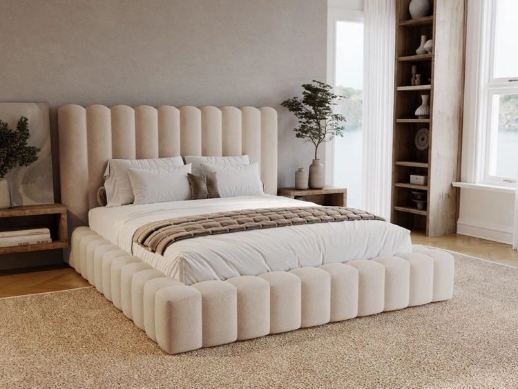 Łóżko tapicerowane z pojemnikiem i stelażem 140x200 cm Rotto Beżowe