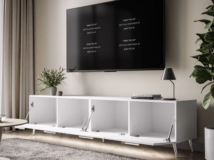 Szafka RTV pod telewizor z drzwiczkami i oświetleniem LED na srebrnych nóżkach 200 cm Noaé Biały Połysk