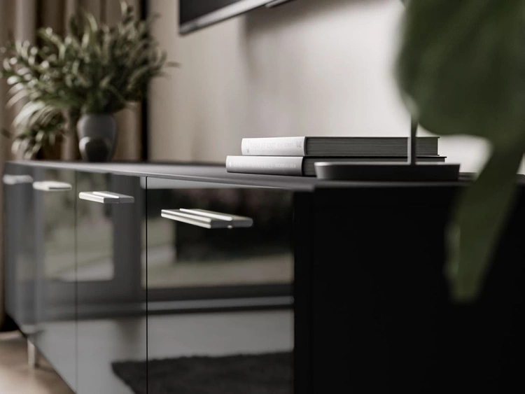 Meblościanka do salonu na srebrnych nogach Noaé Czarny połysk