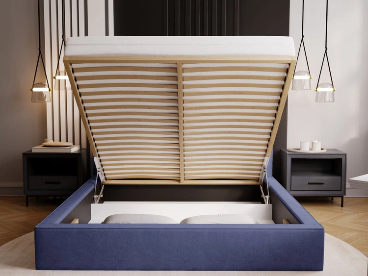 Łóżko tapicerowane z pojemnikiem i stelażem 140x200 Monaco Niebieskie