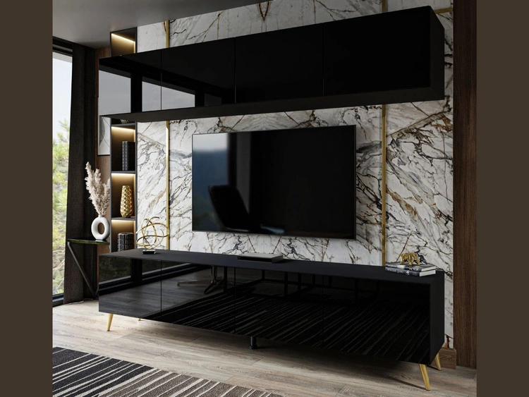 Meblościanka do salonu z oświeleniem LED na złotych nogach Noaé Czarny połysk