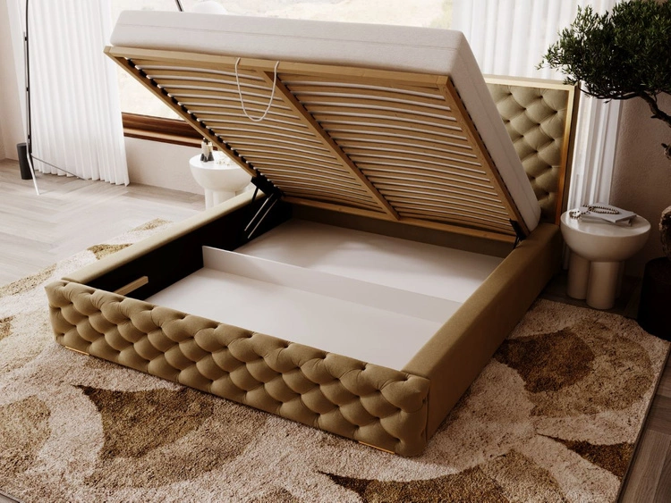 Łóżko tapicerowane z pojemnikiem i stelażem 200x200 Wave Brązowe