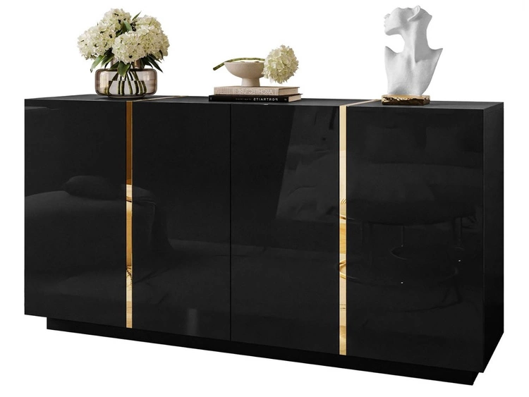Czterodrzwiowa komoda 158 cm w stylu glamour Lunelie czarny połysk
