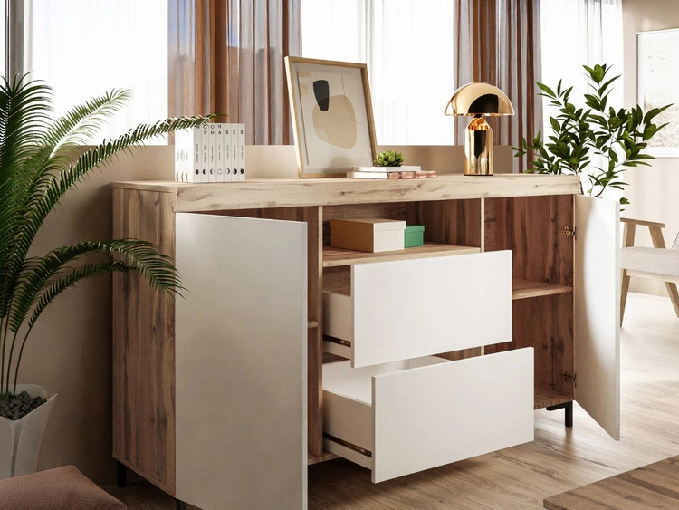 Zestaw mebli do salonu - szafka RTV i komoda na czarnych nóżkach Asumi Biały i dąb wotan