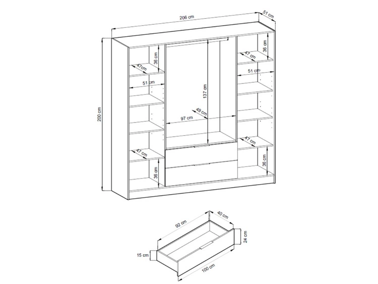 Szafa czterodrzwiowa z drzwiami uchylnymi 206 cm Macron Dąb Artisan z lustrem i lamelami