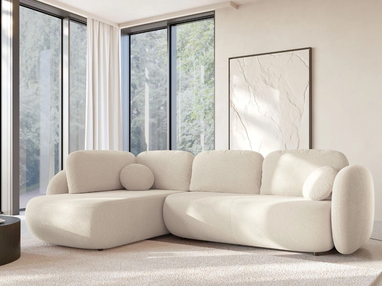 Narożnik z funkcją spania i pojemnikiem Prawy Carino Kremowy