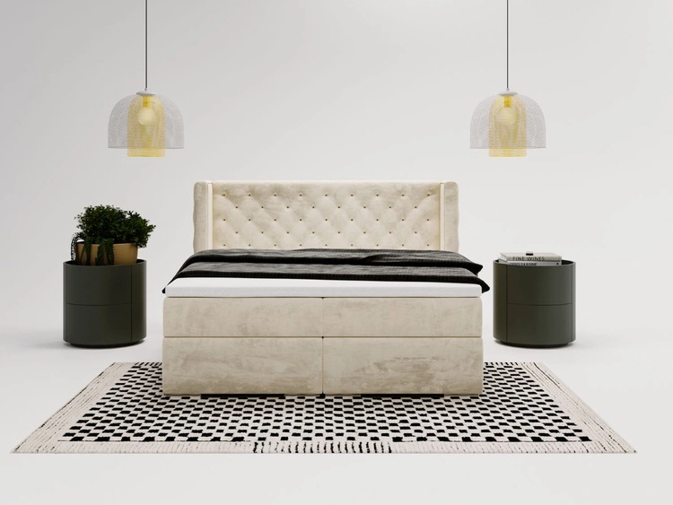 Łóżko kontynentalne z pojemnikiem na pościel 180x200 cm Lion Kremowe