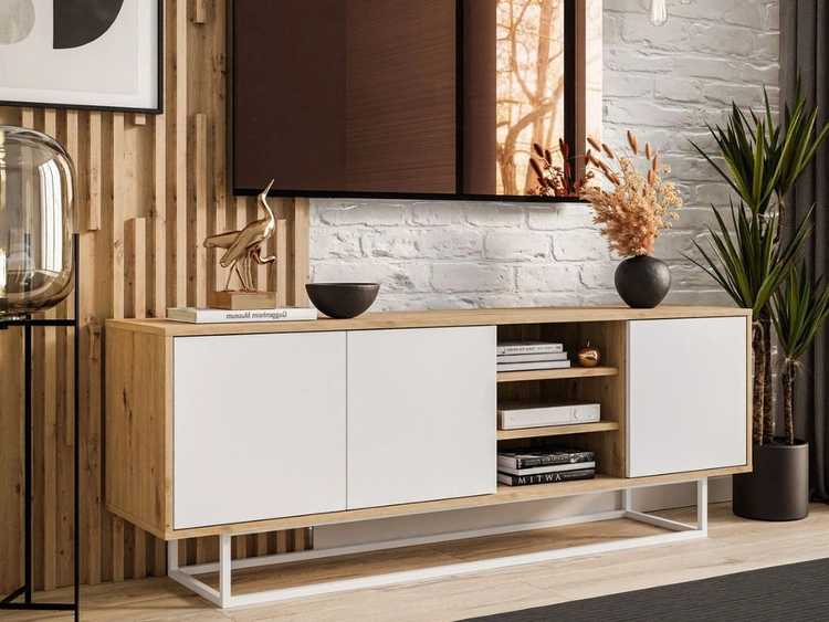 Szafka RTV pod telewizor z drzwiczkami i białym stelażem Vivance Biały i dąb artisan