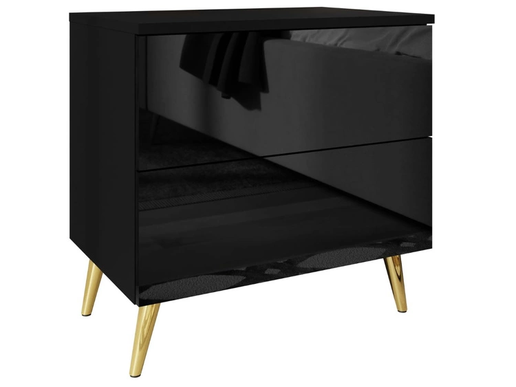 Stolik nocny z szufladami na złotych nogach Nuveo Czarny połysk