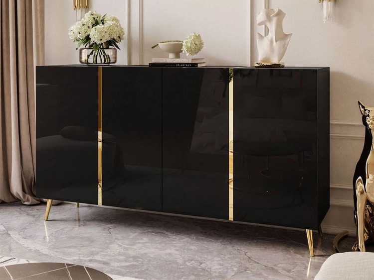 Czterodrzwiowa komoda 158 cm w stylu glamour na złotych nogach Lunelie czarny połysk