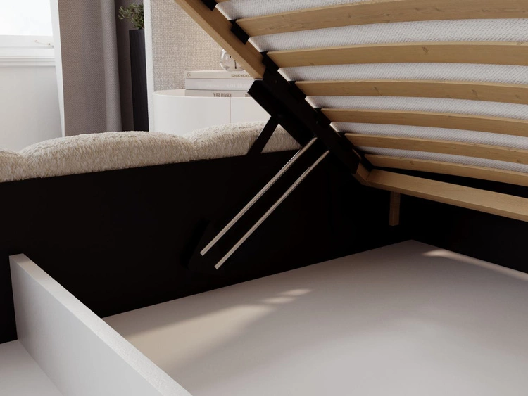 Łóżko tapicerowane z pojemnikiem na pościel i stelażem 200x200 Modo w tkaninie bouclé Beżowe