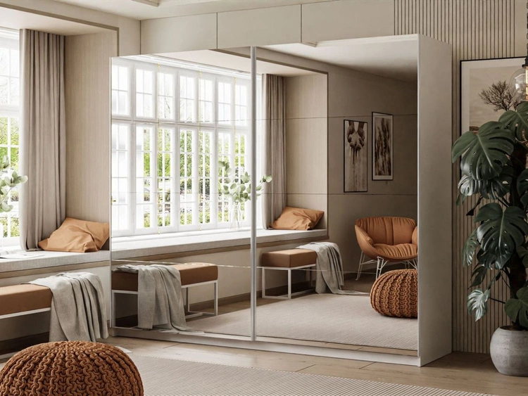 Szafa dwudrzwiowa z drzwiami przesuwnymi i lustrami 244 cm Nuveo Biały połysk