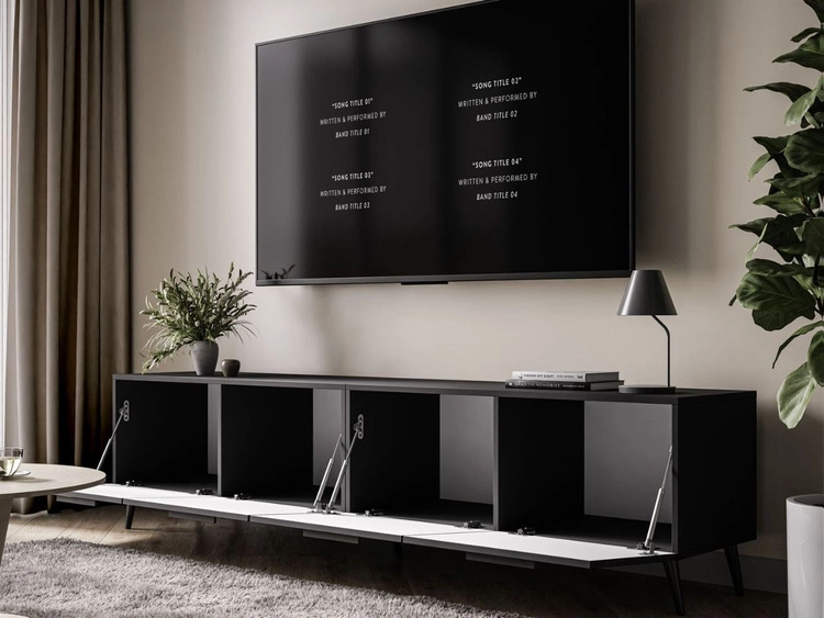 Szafka RTV pod telewizor z drzwiczkami na czarnych nóżkach 200 cm Noaé Czarny Połysk