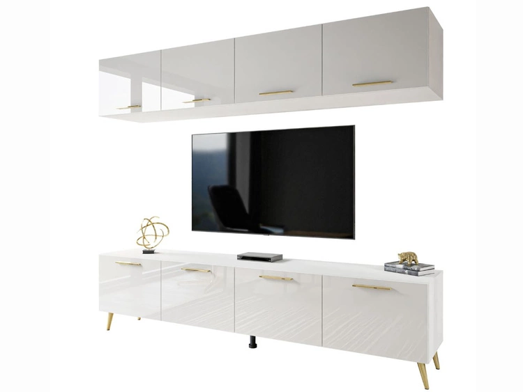 Meblościanka do salonu z oświeleniem LED na złotych nogach Noaé Biały połysk