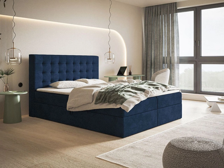 Łóżko kontynentalne z pojemnikiem na pościel 180x200 Denza Ciemnoniebieskie
