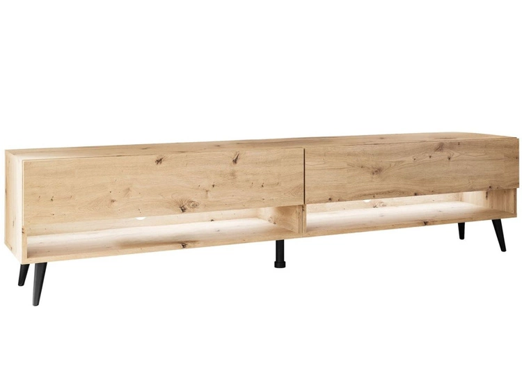 Szafka RTV 180 cm do salonu z oświetleniem LED i czarnymi nóżkami Aurelie Dąb Artisan