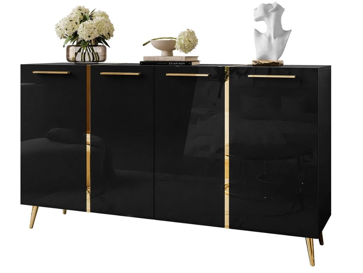 Czterodrzwiowa komoda 158 cm w stylu glamour ze złotymi uchwytami i nogami Lunelie czarny połysk