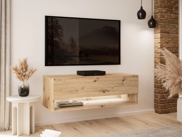 Szafka RTV wisząca 90 cm do salonu z oświetleniem LED Aurelie Dąb Artisan