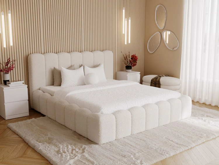 Łóżko tapicerowane z pojemnikiem i stelażem 140x200 Smile Kremowe