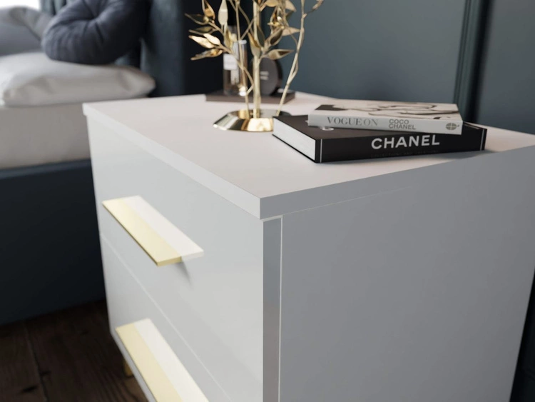 Stolik nocny z szufladami na złotych nogach Nuveo Biały połysk