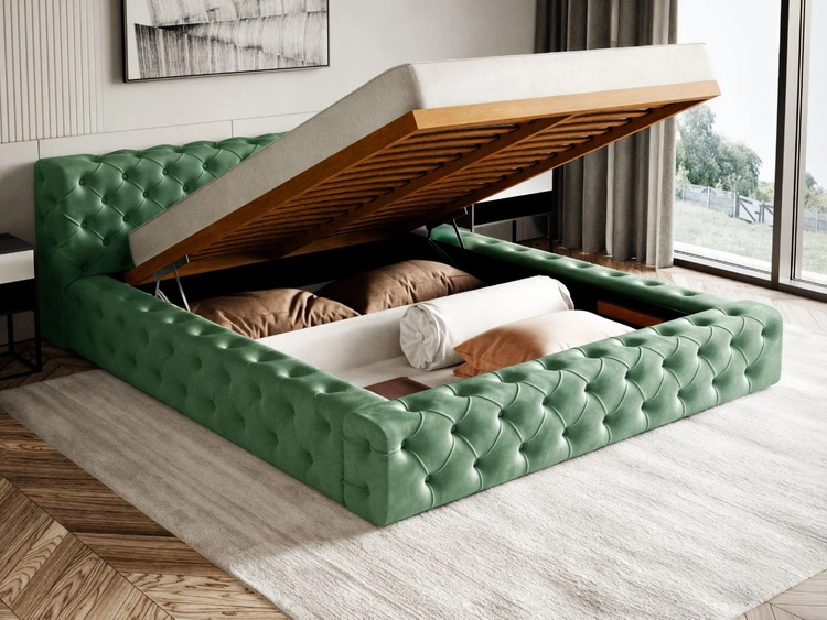 Łóżko tapicerowane z pojemnikiem i stelażem 160x200 cm Palini Zielone