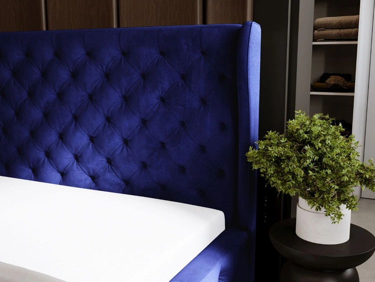 Łóżko tapicerowane z pojemnikiem na pościel i stelażem 140x200 Kingston Ciemnoniebieskie