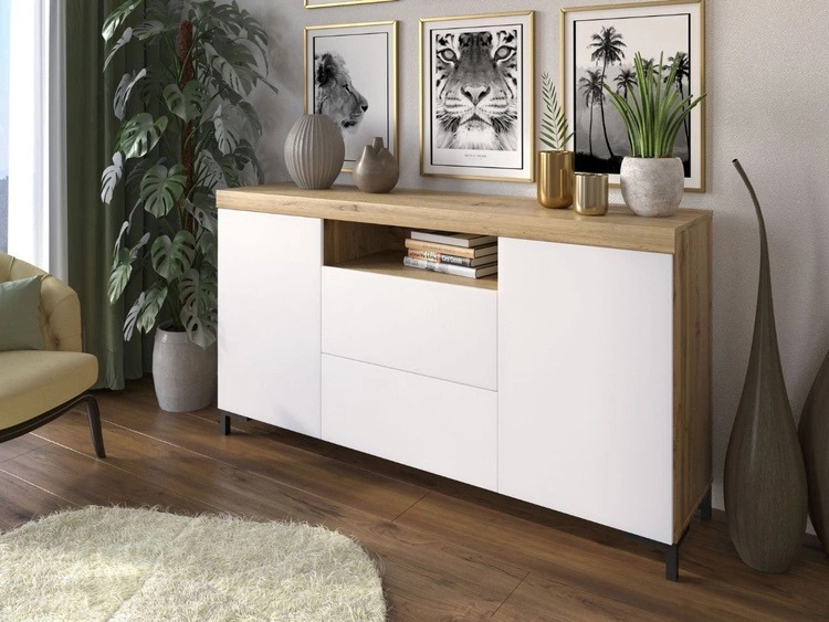 Dwudrzwiowa komoda 164 cm w stylu loft Asumi biały mat i dąb wotan
