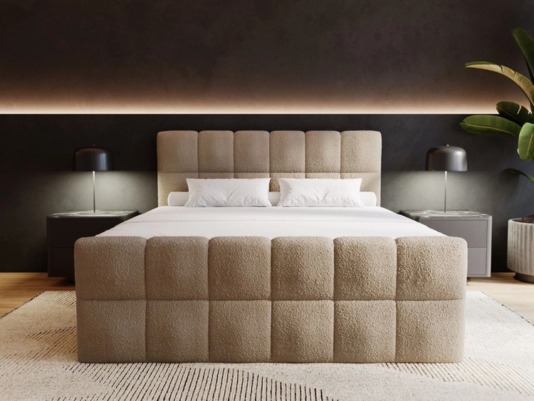 Łóżko kontynentalne z pojemnikiem na pościel 200x200 Alicante w tkaninie bouclé Brązowe