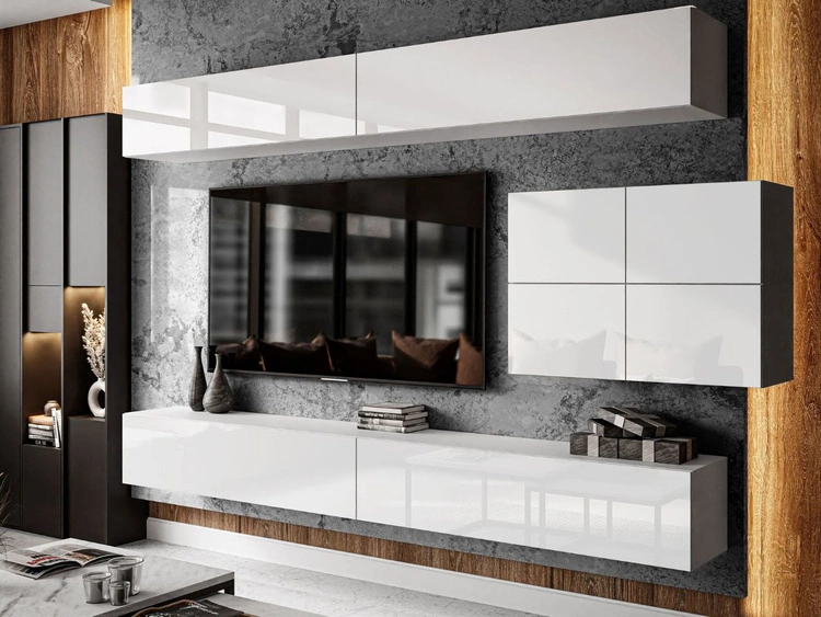 Wisząca meblościanka do salonu z oświetleniem LED Nodoo Biały połysk