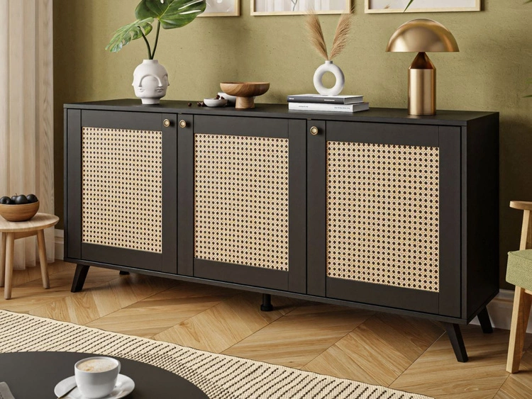 Komoda boho trzydrzwiowa z nadrukiem plecionki Bellance czarna
