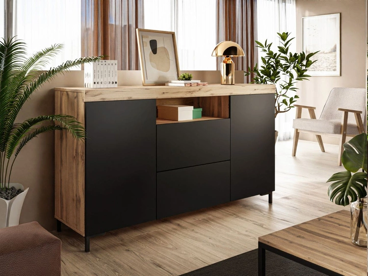 Zestaw mebli do salonu w loftowym stylu Asumi Czarny i dąb wotan