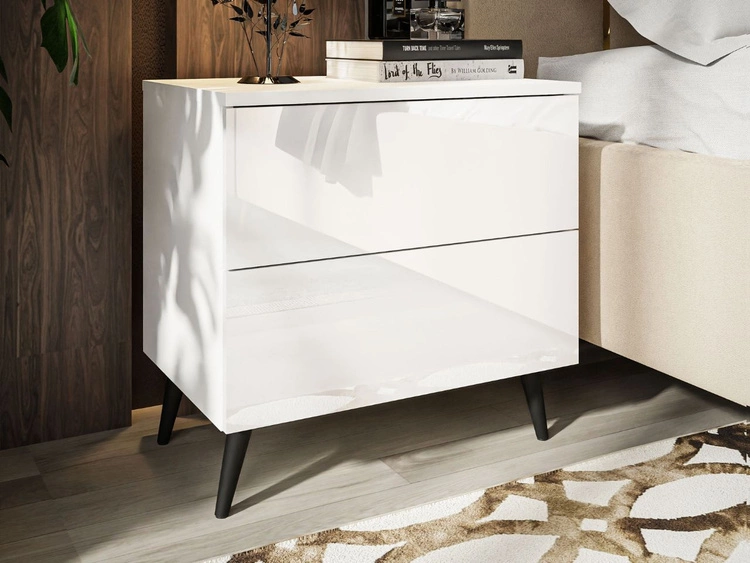Stolik nocny z szufladami na czarnych nogach Nuveo Biały połysk