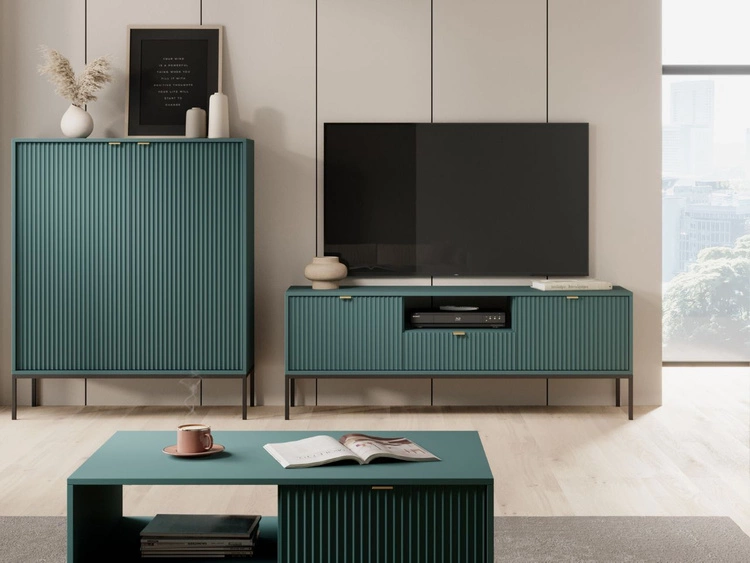 Szafka pod telewizor z szufladami i drzwiczkami Amber zielona na czarnych nogach