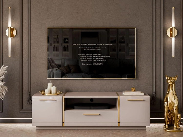 Szafka RTV w stylu glamour dwudrzwiowa z szufladą Lunelie kaszmir połysk