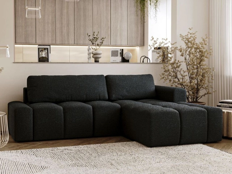 Narożnik L prawy z funkcją spania i pojemnikiem Lana Czarny