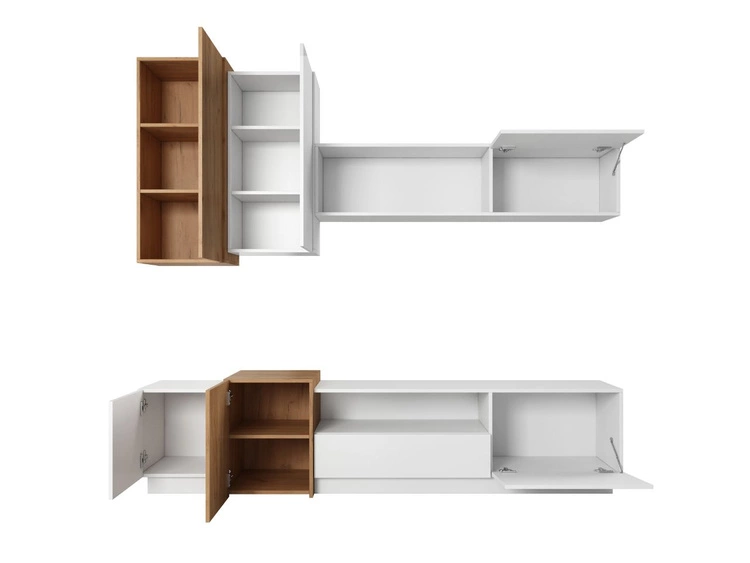 Meblościanka do salonu Morten Biała, Dąb Craft Złoty