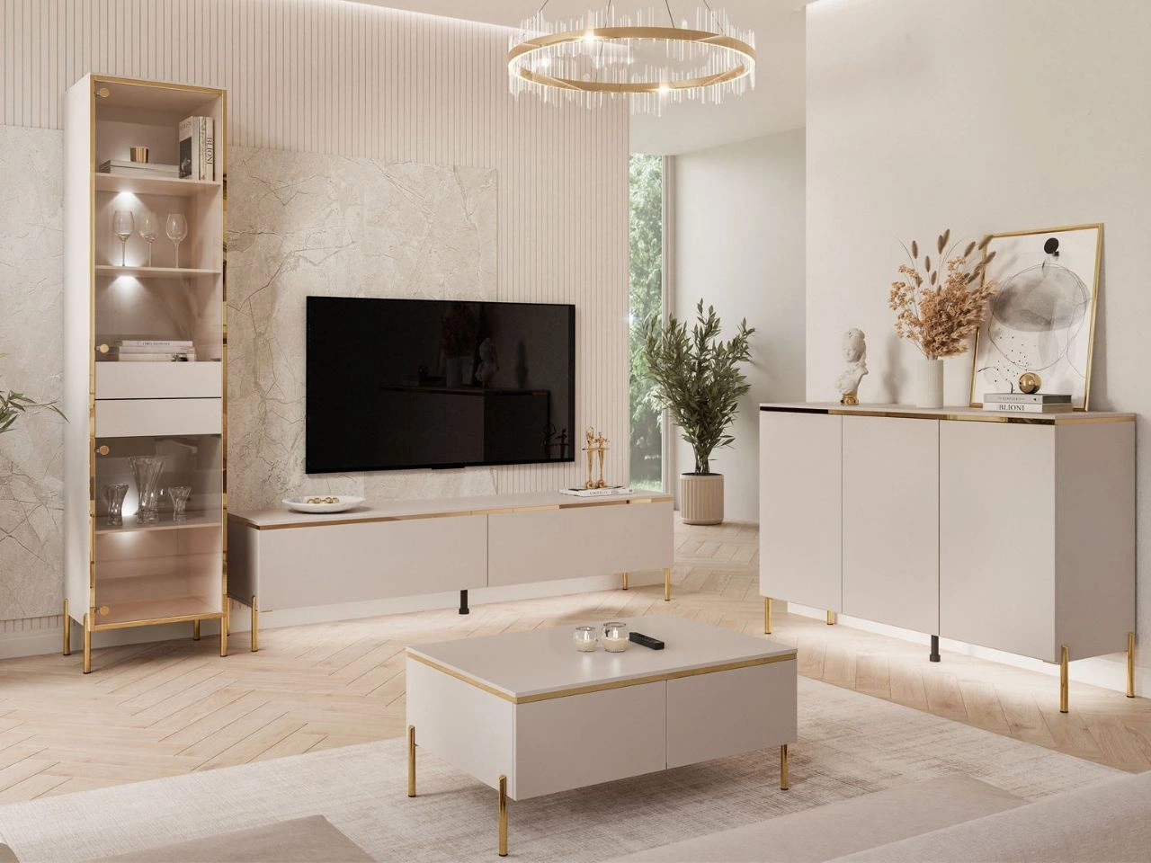 Zestaw mebli do salonu w stylu glamour na złotych nóżach Evare Kaszmir