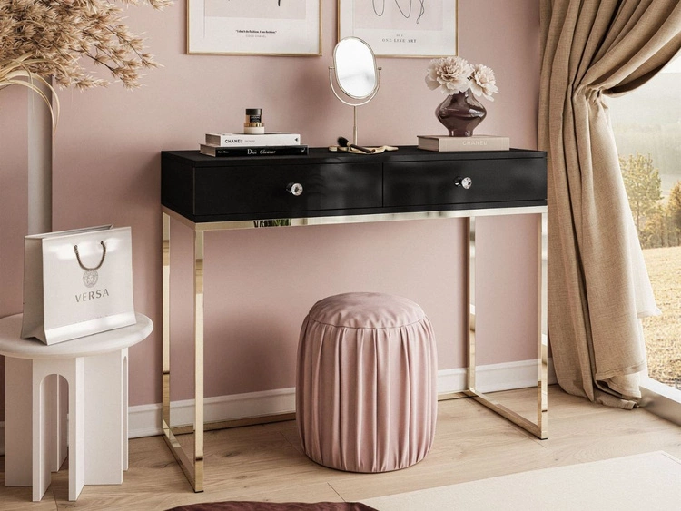 Konsola z szufladami, złotym stelażem i kryształowymi uchwytami Brisa czarny połysk