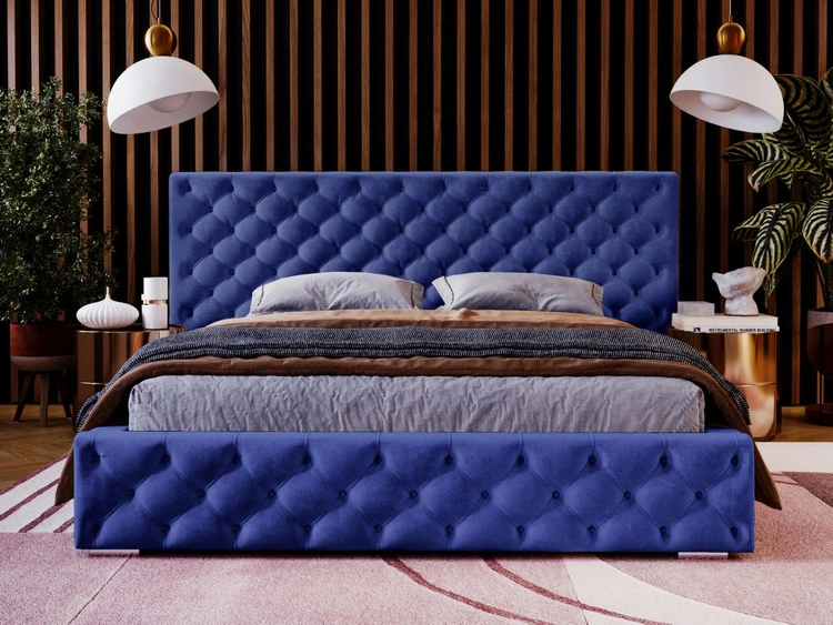 Łóżko tapicerowane z pojemnikiem i stelażem 160x200 cm Madera Niebieskie