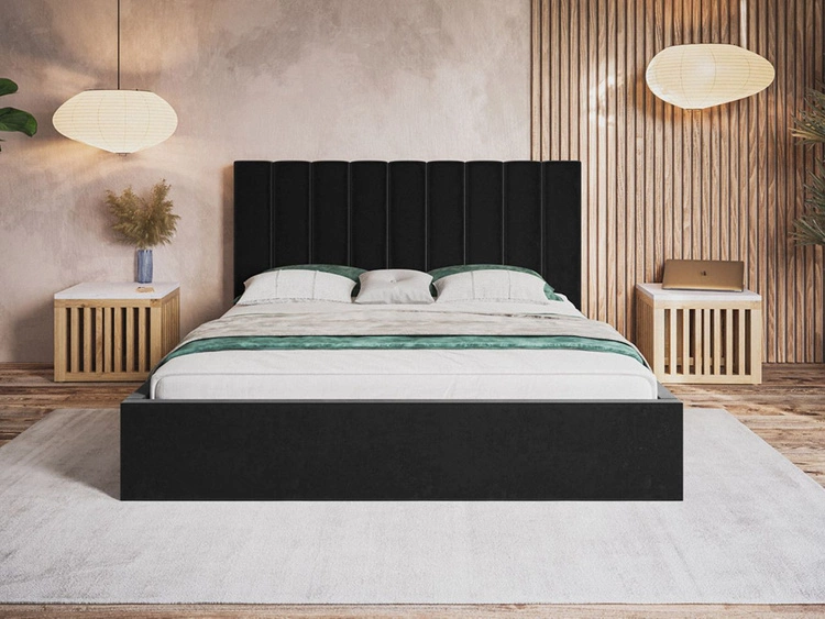 Łóżko tapicerowane z pojemnikiem i stelażem 140x200 Sesto czarne