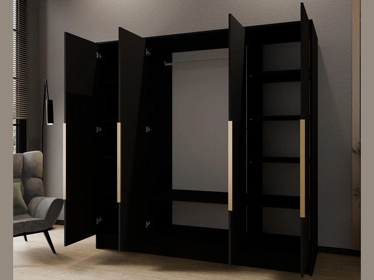 Szafa otwierana 200 cm Perugia Czarna z złotymi uchwytami