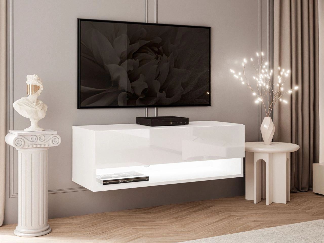 Szafka RTV wisząca 90 cm do salonu z oświetleniem LED Aurelie Biały połysk