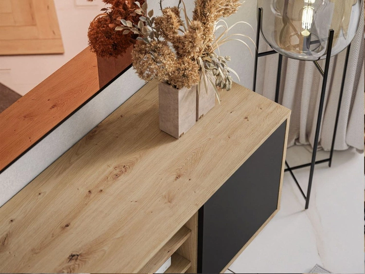 Szafka RTV pod telewizor z drzwiczkami i białym stelażem Vivance Czarny i dąb artisan