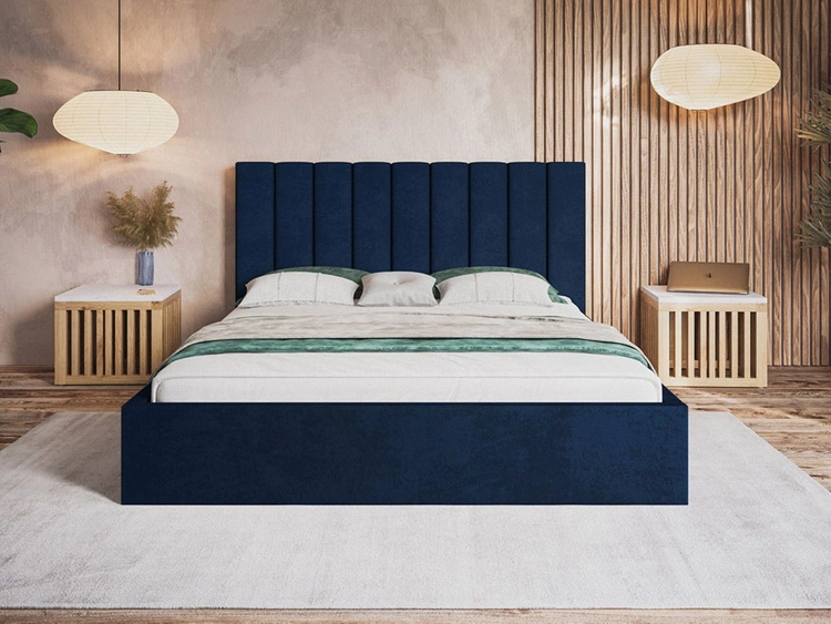 Łóżko tapicerowane z pojemnikiem i stelażem 180x200 Sesto granatowe