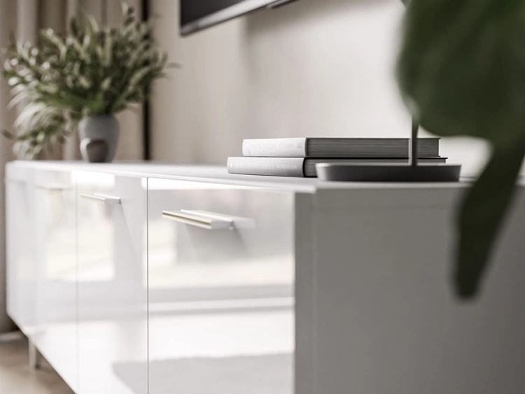 Meblościanka do salonu z oświeleniem LED na srebrnych nogach Noaé Biały połysk