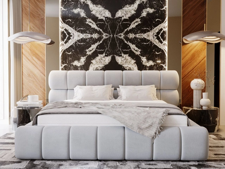 Łóżko tapicerowane z pojemnikiem i stelażem 140x200 Mellow Jasny szary