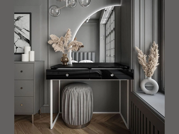 Toaletka kosmetyczna lewostronna z szufladami i oświetleniem LED na białych nogach Clarette Czarny połysk