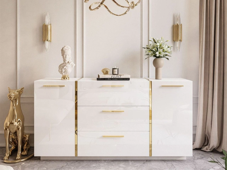 Zestaw mebli do salonu ze złotymi uchwytami w stylu glamour Lunelie Biały połysk